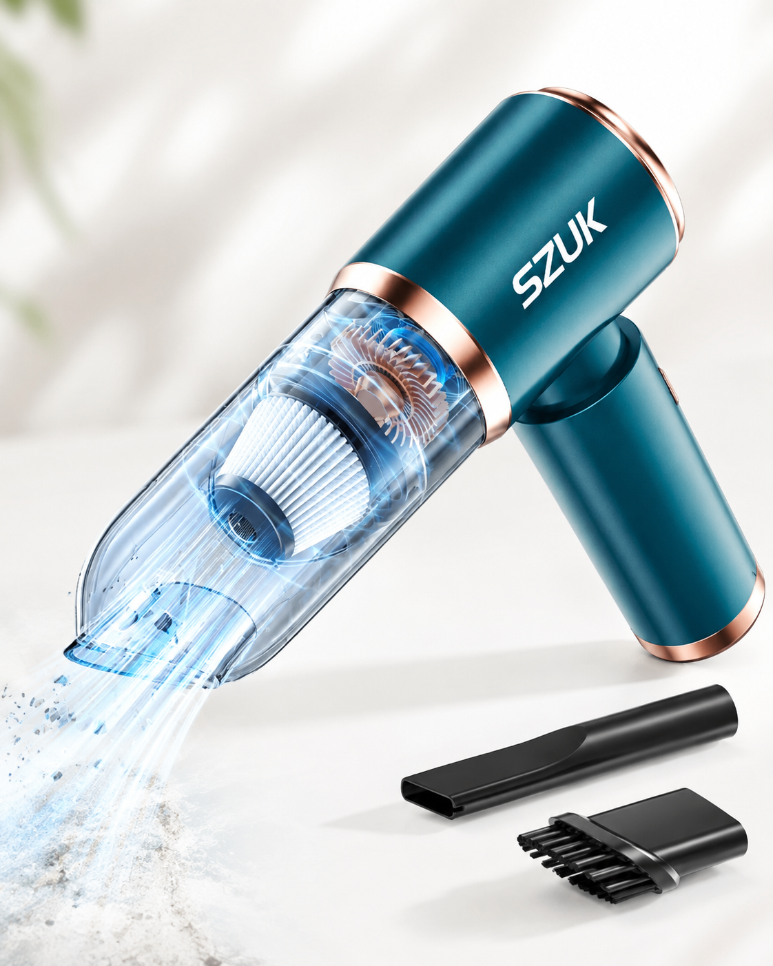 Blue cordless handheld vacuum cleaner shown with its filter and nozzle attachments