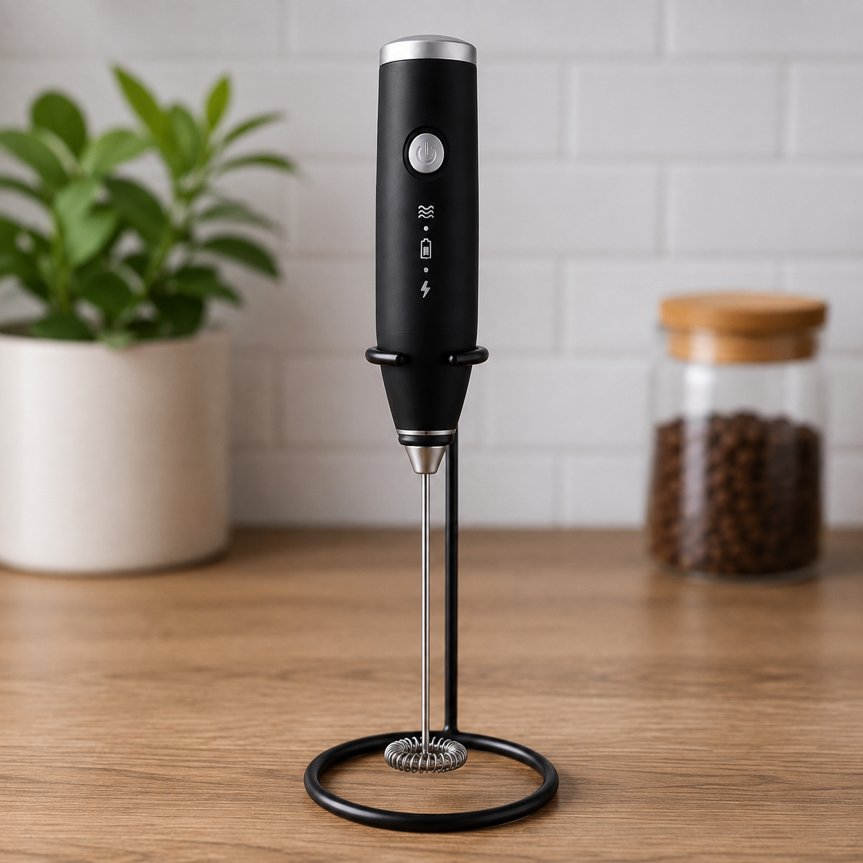 Black handheld milk frother resting upright in its stand on a kitchen counter