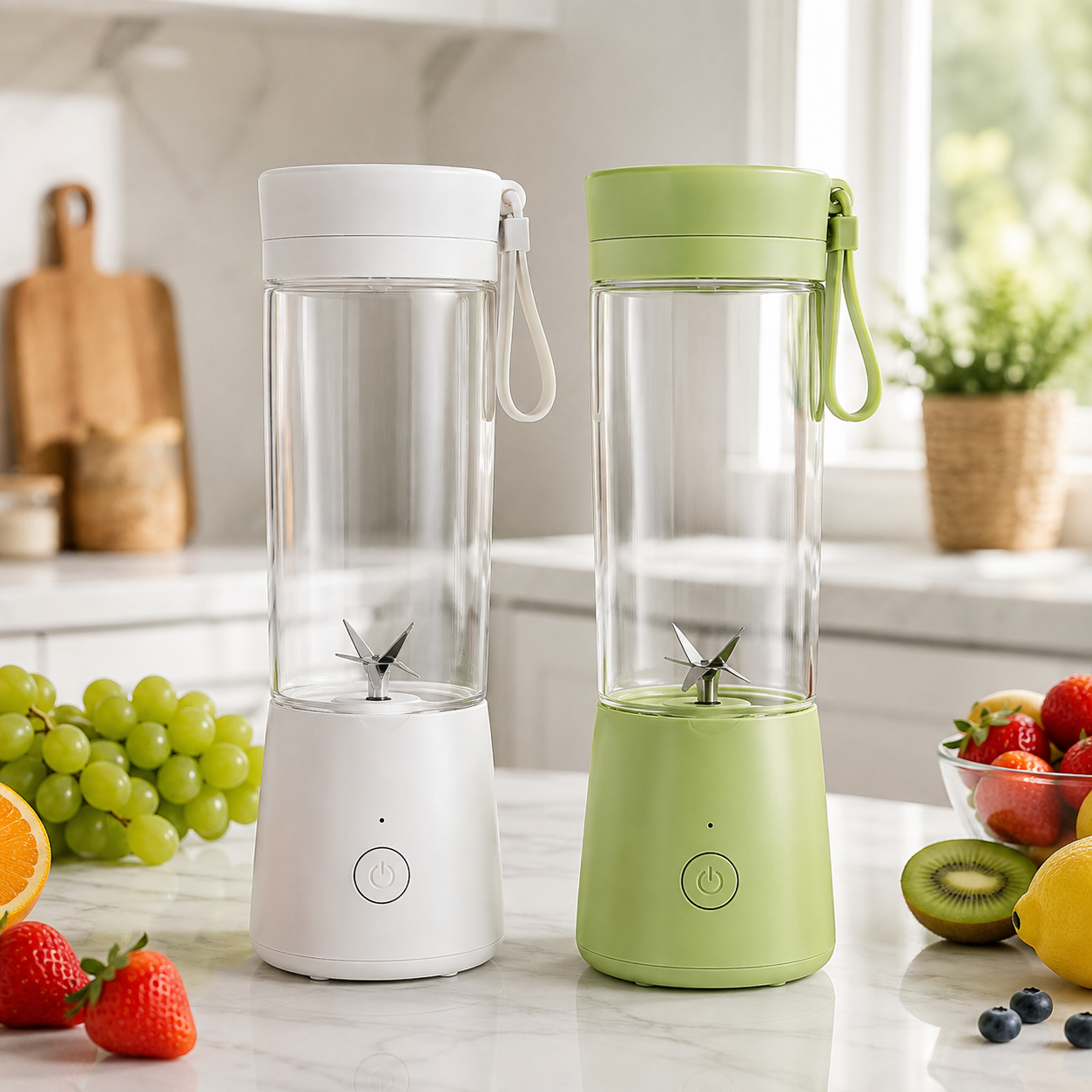 Portable blender shown in both colors, White and Green, on a kitchen counter