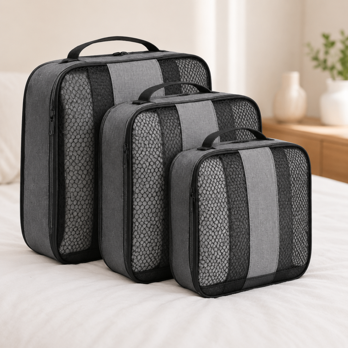 Three grey compression packing cubes in small, medium and large sizes